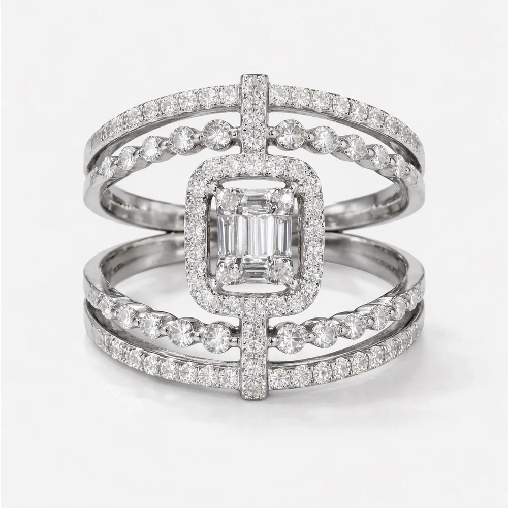 18K White Gold Baguette and Round Diamond Wide Three Row Ring Sz 6